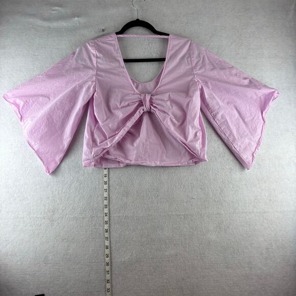 ZARA Pretty In Pink Back Bow Cropped Top Blouse Bell Sleeve Cotton Women’s Small - Picture 6 of 9